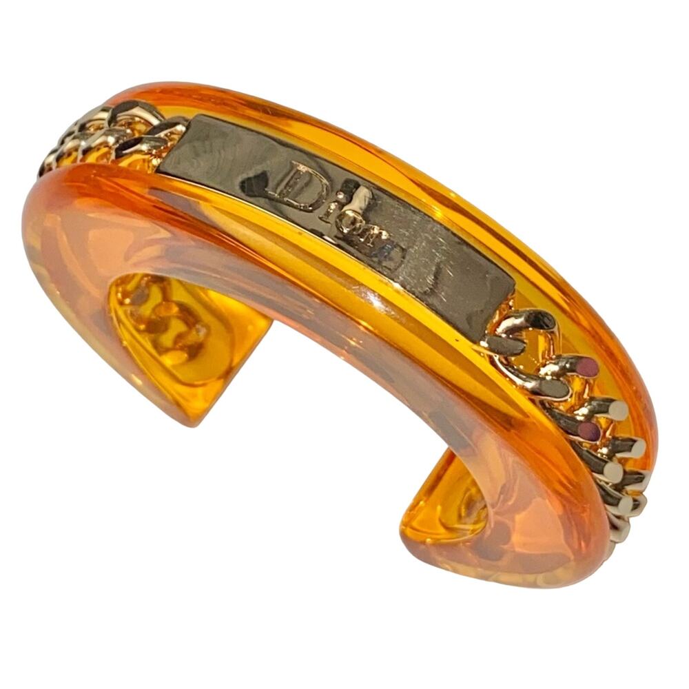 AUTH VTG Christian Dior Orange Lucite Gold Chain Nameplate Logo Cuff Bracelet - Picture 12 of 15
